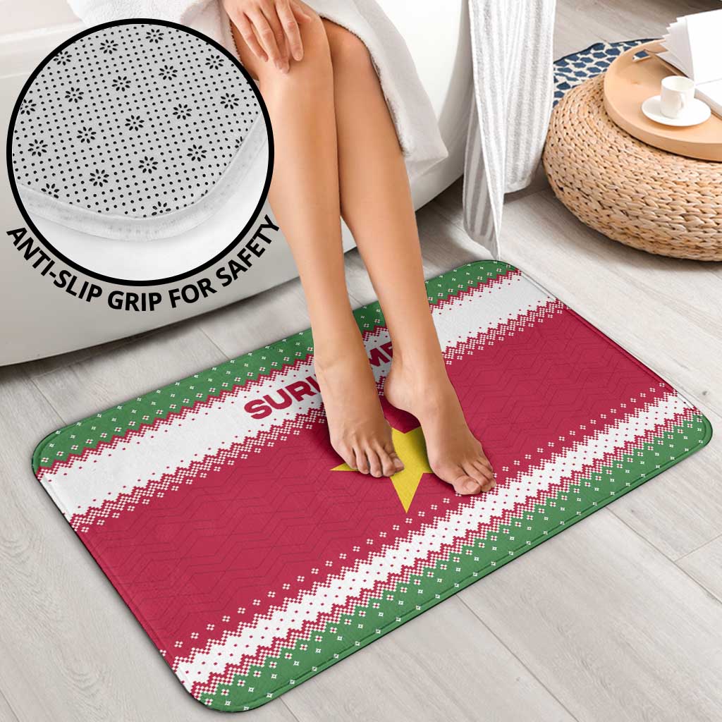 Suriname Christmas Bathroom Set with Red-Green Knit Pattern, Yellow Star, and Santa Leopard Motif - Wonder Print Shop