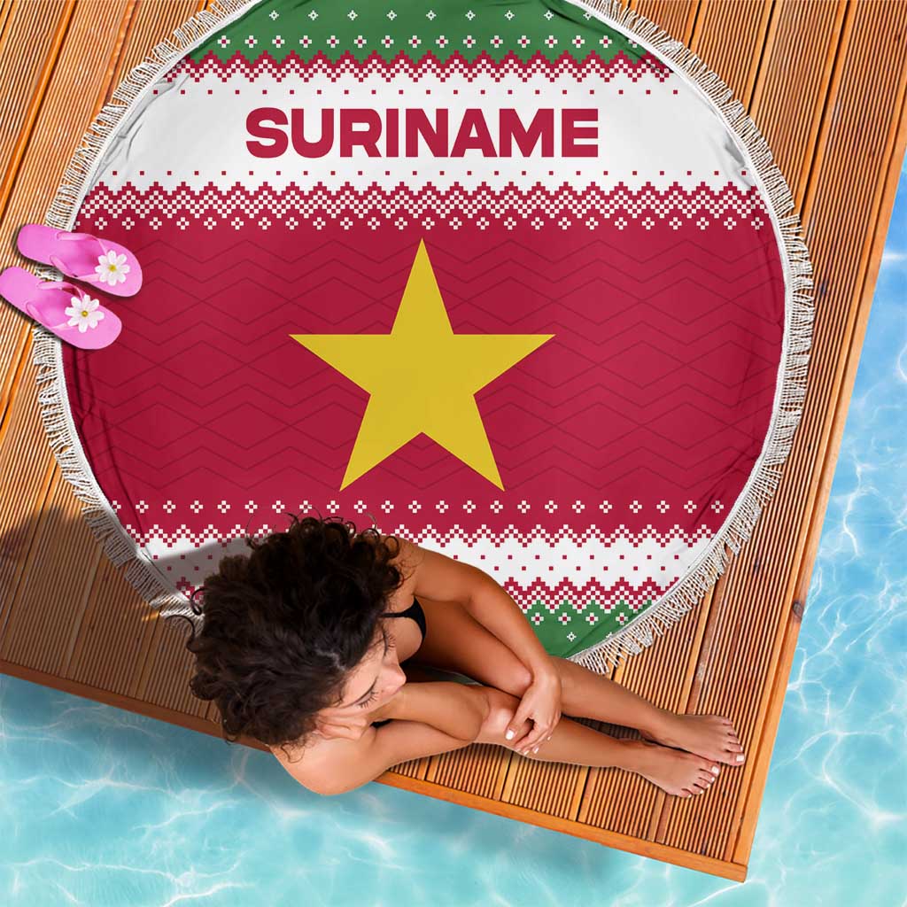 Suriname Christmas Beach Blanket with Red-Green Knit Pattern, Yellow Star, and Santa Leopard Motif - Wonder Print Shop