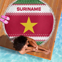 Suriname Christmas Beach Blanket with Red-Green Knit Pattern, Yellow Star, and Santa Leopard Motif - Wonder Print Shop