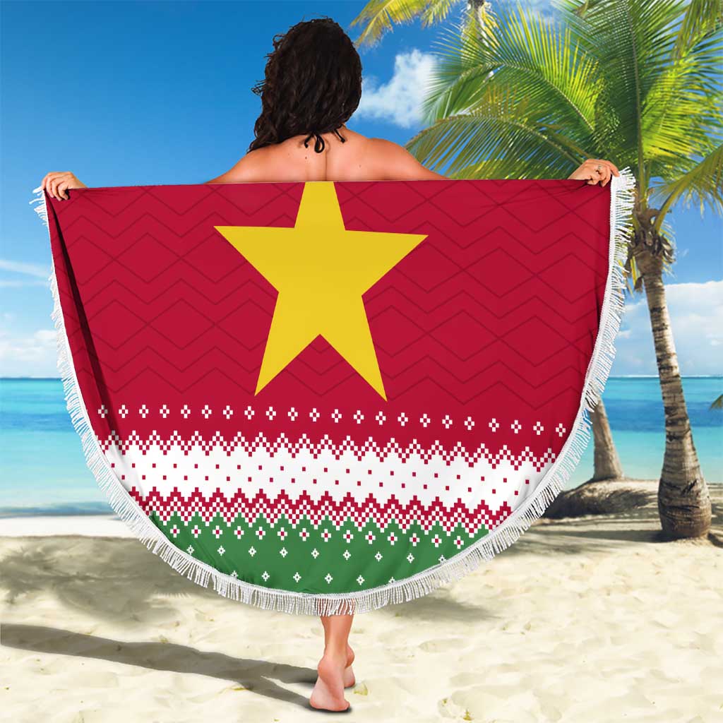 Suriname Christmas Beach Blanket with Red-Green Knit Pattern, Yellow Star, and Santa Leopard Motif - Wonder Print Shop