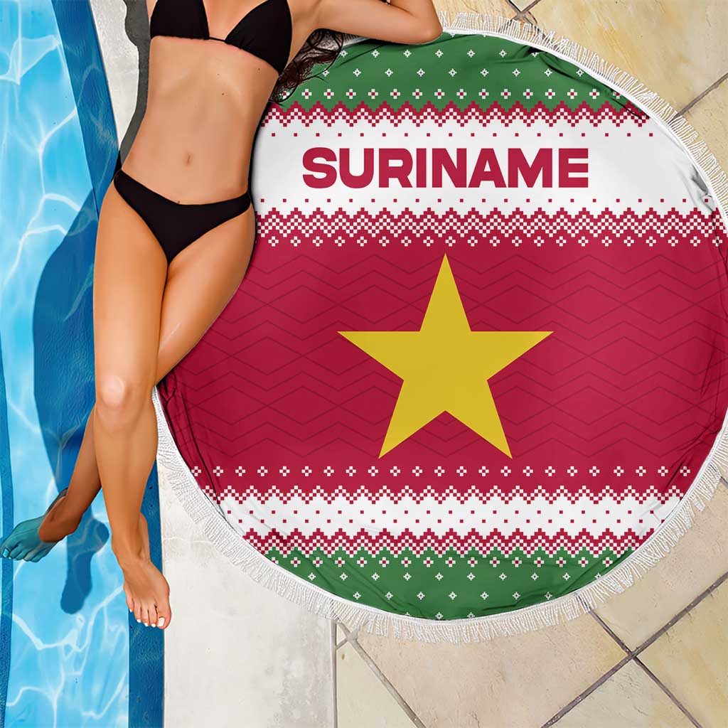 Suriname Christmas Beach Blanket with Red-Green Knit Pattern, Yellow Star, and Santa Leopard Motif - Wonder Print Shop