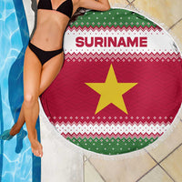 Suriname Christmas Beach Blanket with Red-Green Knit Pattern, Yellow Star, and Santa Leopard Motif - Wonder Print Shop