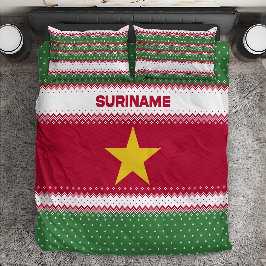 Suriname Christmas Bedding Set with Red-Green Knit Pattern, Yellow Star, and Santa Leopard Motif - Wonder Print Shop