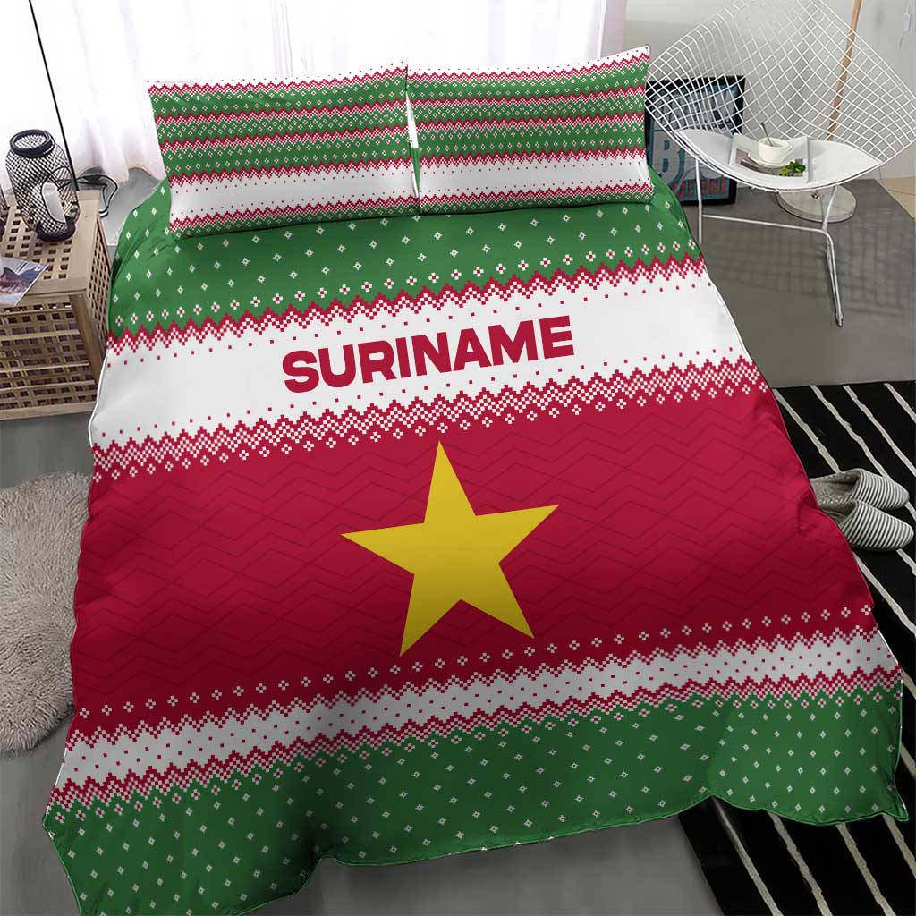 Suriname Christmas Bedding Set with Red-Green Knit Pattern, Yellow Star, and Santa Leopard Motif - Wonder Print Shop