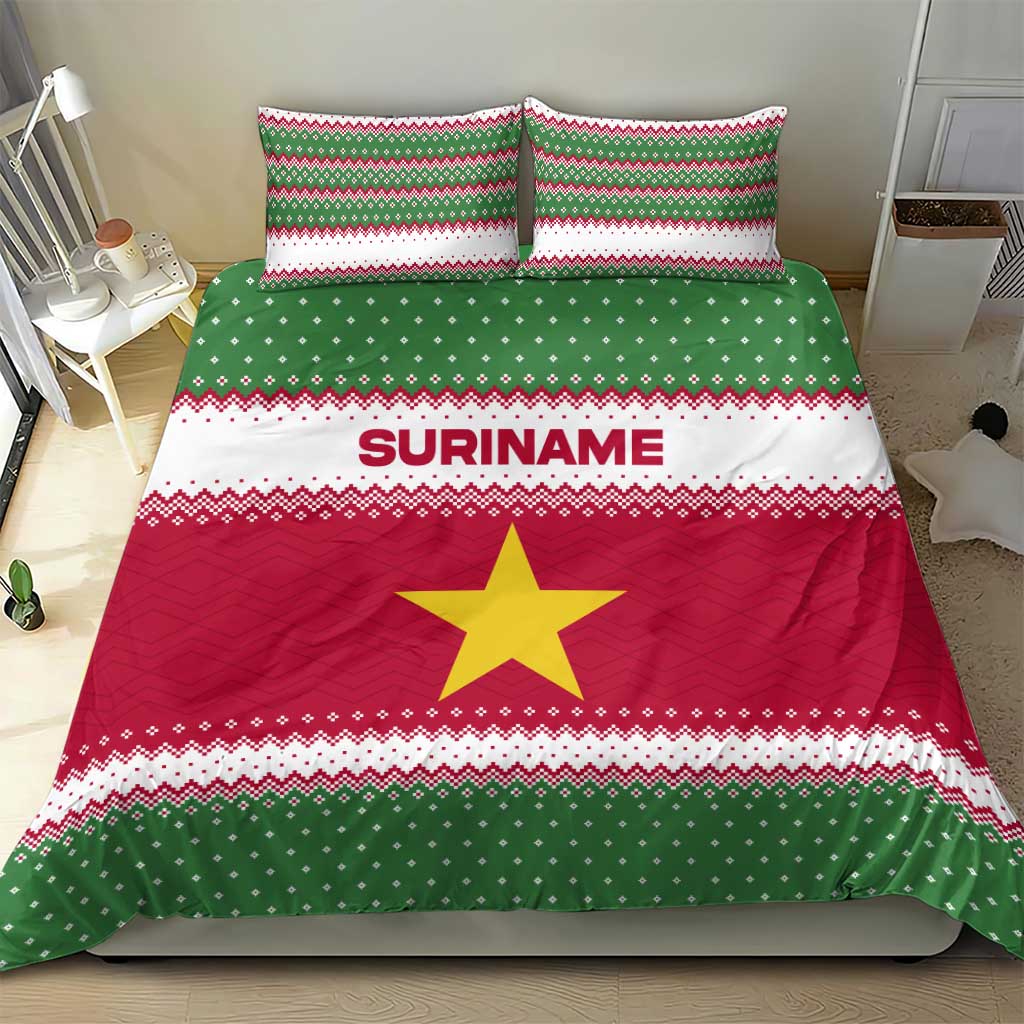 Suriname Christmas Bedding Set with Red-Green Knit Pattern, Yellow Star, and Santa Leopard Motif - Wonder Print Shop