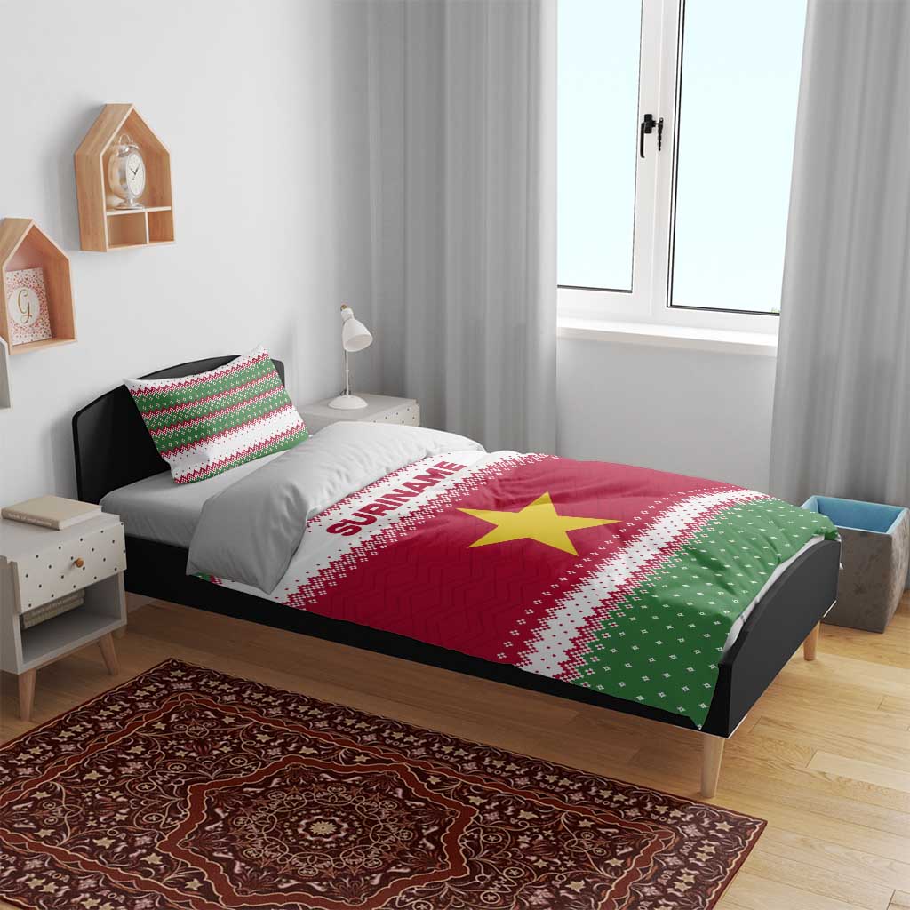 Suriname Christmas Bedding Set with Red-Green Knit Pattern, Yellow Star, and Santa Leopard Motif - Wonder Print Shop