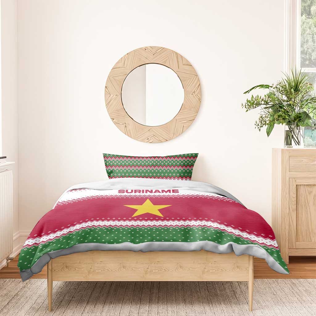 Suriname Christmas Bedding Set with Red-Green Knit Pattern, Yellow Star, and Santa Leopard Motif - Wonder Print Shop
