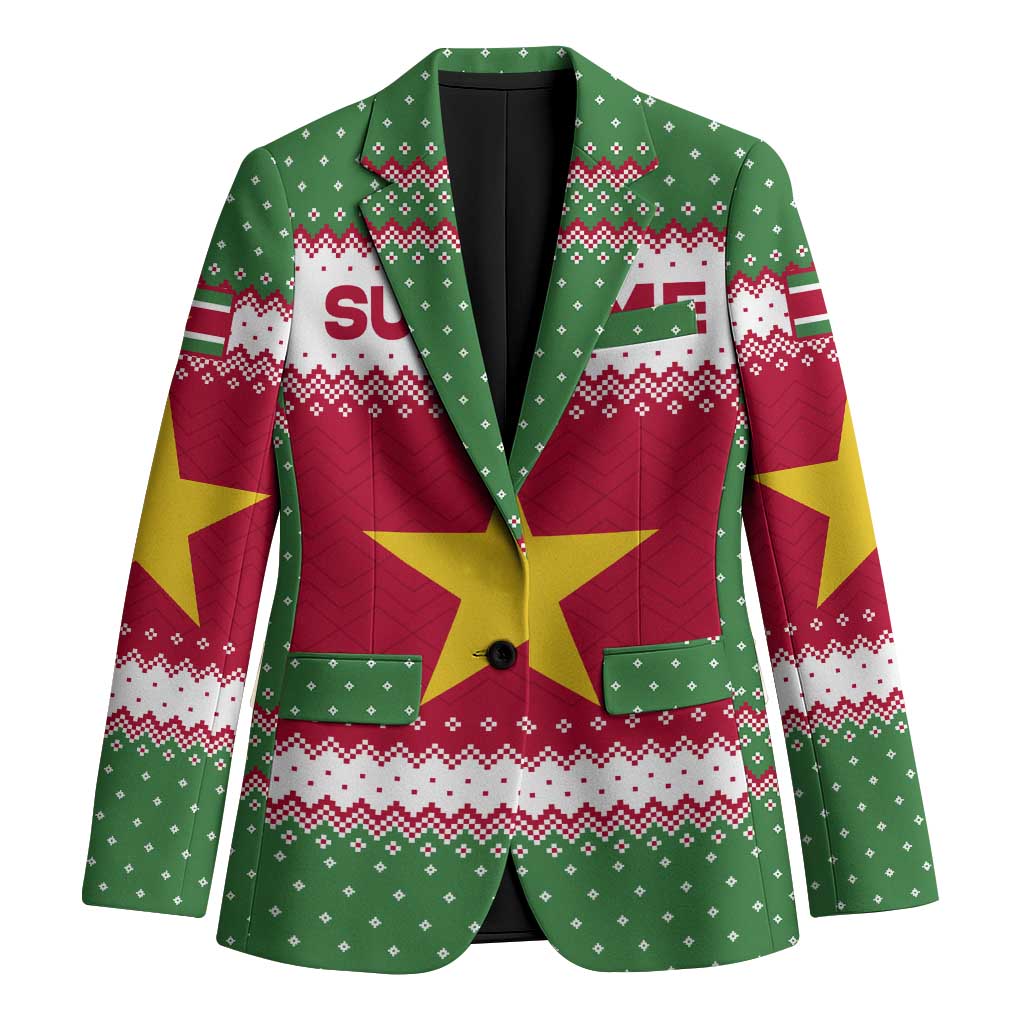 Suriname Christmas Blazer with Red-Green Knit Pattern, Yellow Star, and Santa Leopard Motif - Wonder Print Shop
