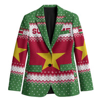 Suriname Christmas Blazer with Red-Green Knit Pattern, Yellow Star, and Santa Leopard Motif - Wonder Print Shop