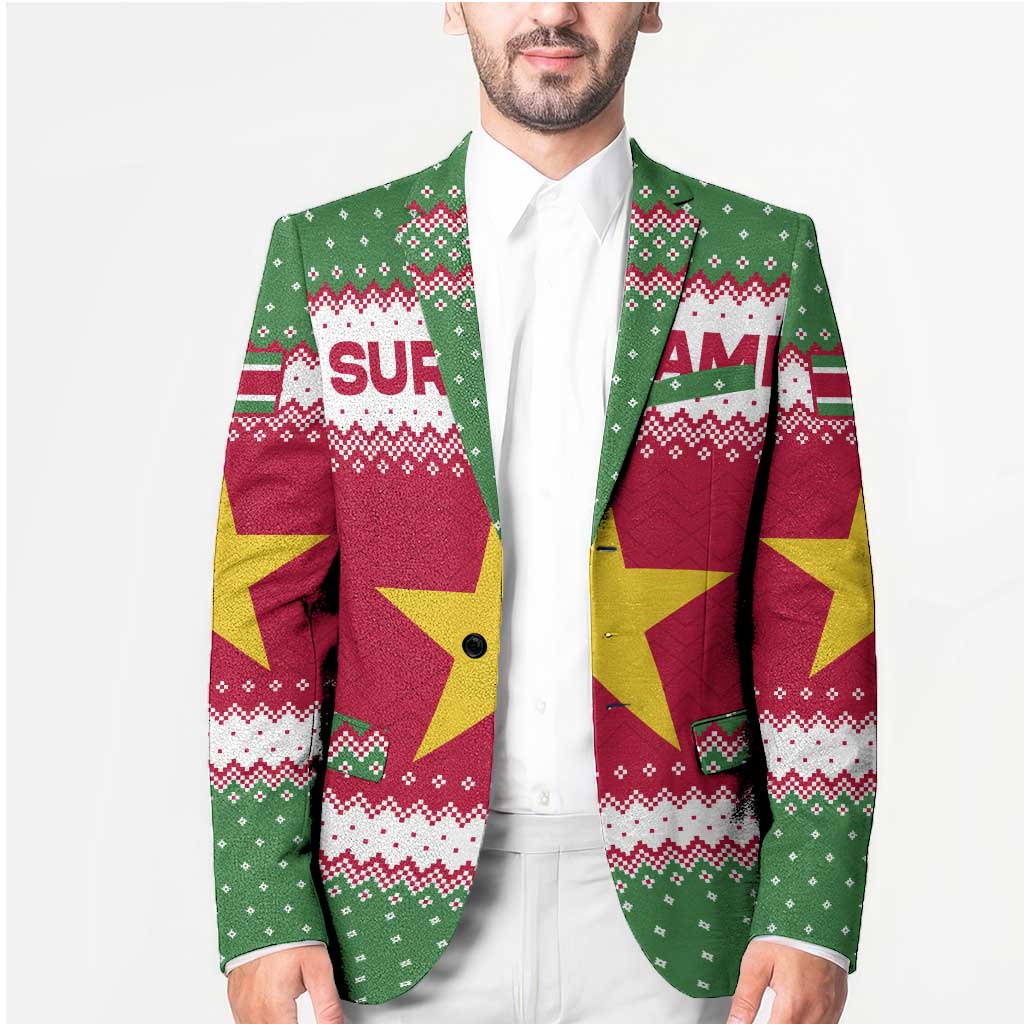 Suriname Christmas Blazer with Red-Green Knit Pattern, Yellow Star, and Santa Leopard Motif - Wonder Print Shop
