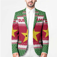 Suriname Christmas Blazer with Red-Green Knit Pattern, Yellow Star, and Santa Leopard Motif - Wonder Print Shop