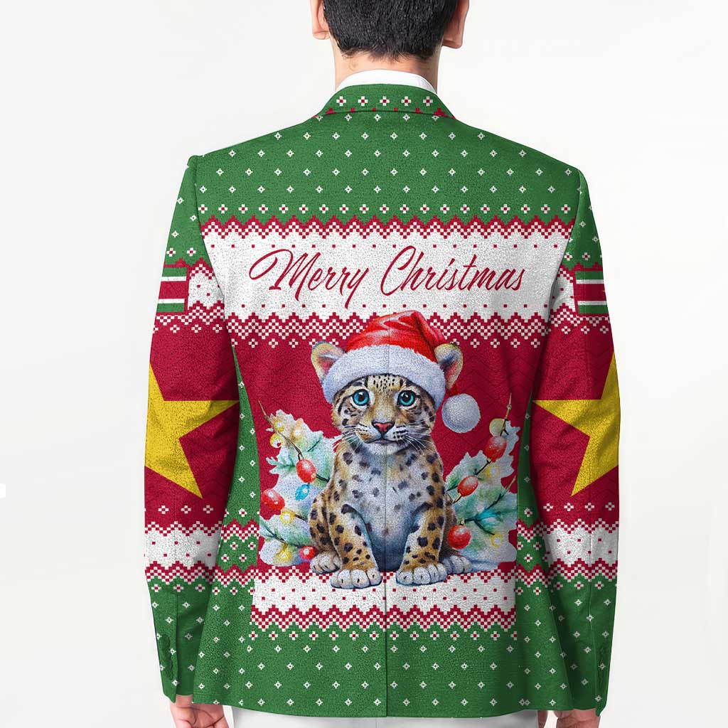 Suriname Christmas Blazer with Red-Green Knit Pattern, Yellow Star, and Santa Leopard Motif - Wonder Print Shop