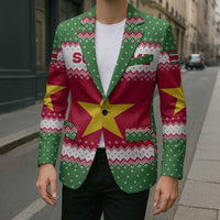 Suriname Christmas Blazer with Red-Green Knit Pattern, Yellow Star, and Santa Leopard Motif - Wonder Print Shop