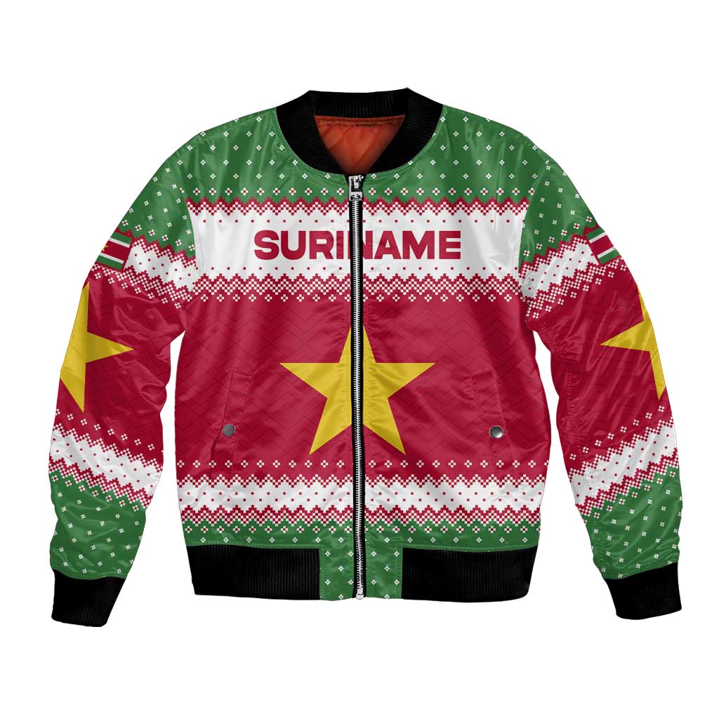 Suriname Christmas Bomber Jacket with Red-Green Knit Pattern, Yellow Star, and Santa Leopard Motif - Wonder Print Shop