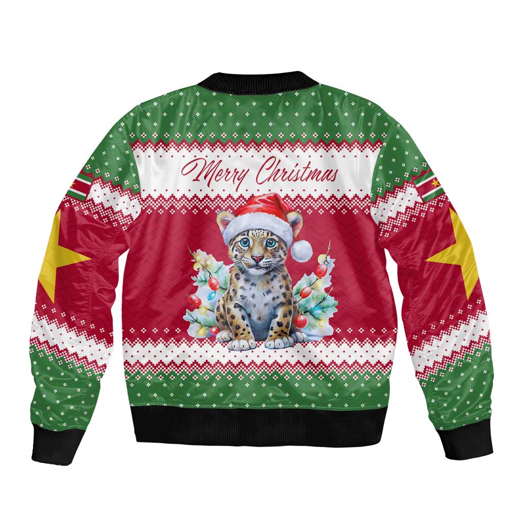 Suriname Christmas Bomber Jacket with Red-Green Knit Pattern, Yellow Star, and Santa Leopard Motif - Wonder Print Shop