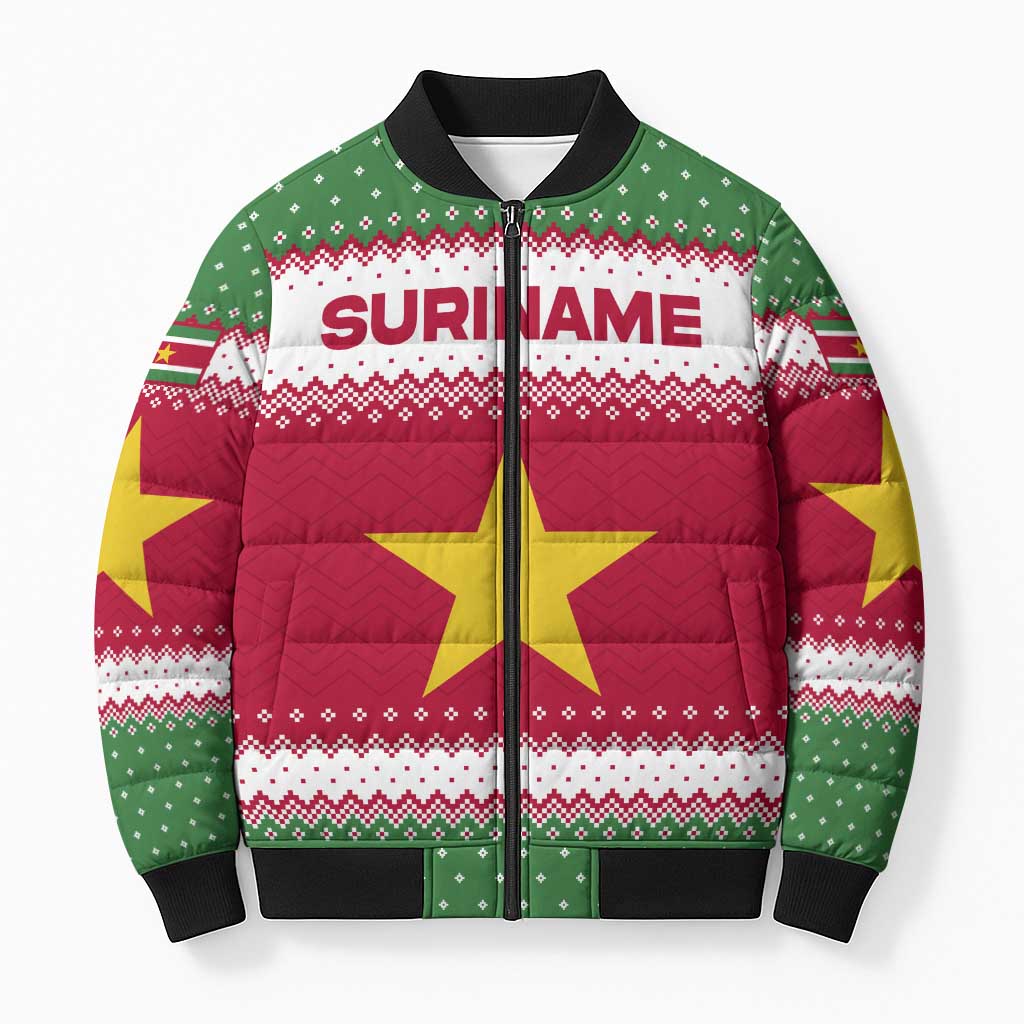 Suriname Christmas Bomber Puffer Jacket with Red-Green Knit Pattern, Yellow Star, and Santa Leopard Motif - Wonder Print Shop