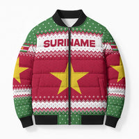 Suriname Christmas Bomber Puffer Jacket with Red-Green Knit Pattern, Yellow Star, and Santa Leopard Motif - Wonder Print Shop