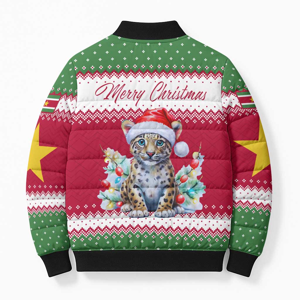 Suriname Christmas Bomber Puffer Jacket with Red-Green Knit Pattern, Yellow Star, and Santa Leopard Motif - Wonder Print Shop