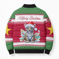 Suriname Christmas Bomber Puffer Jacket with Red-Green Knit Pattern, Yellow Star, and Santa Leopard Motif - Wonder Print Shop