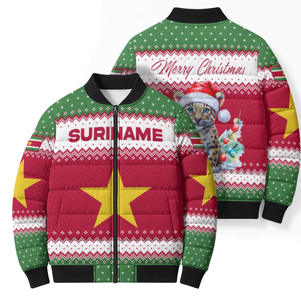 Suriname Christmas Bomber Puffer Jacket with Red-Green Knit Pattern, Yellow Star, and Santa Leopard Motif - Wonder Print Shop