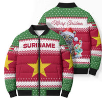 Suriname Christmas Bomber Puffer Jacket with Red-Green Knit Pattern, Yellow Star, and Santa Leopard Motif - Wonder Print Shop
