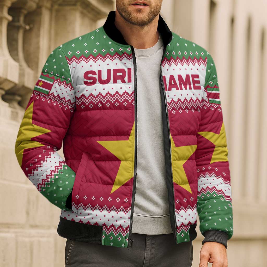 Suriname Christmas Bomber Puffer Jacket with Red-Green Knit Pattern, Yellow Star, and Santa Leopard Motif - Wonder Print Shop