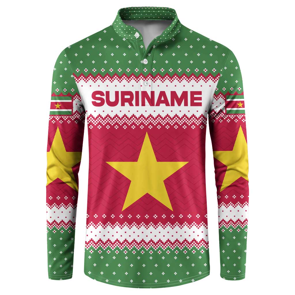 Suriname Christmas Button Sweatshirt with Red-Green Knit Pattern, Yellow Star, and Santa Leopard Motif - Wonder Print Shop