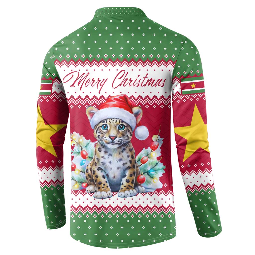 Suriname Christmas Button Sweatshirt with Red-Green Knit Pattern, Yellow Star, and Santa Leopard Motif - Wonder Print Shop