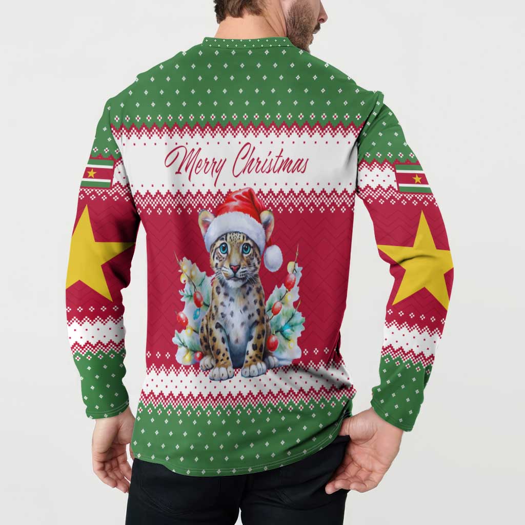 Suriname Christmas Button Sweatshirt with Red-Green Knit Pattern, Yellow Star, and Santa Leopard Motif - Wonder Print Shop