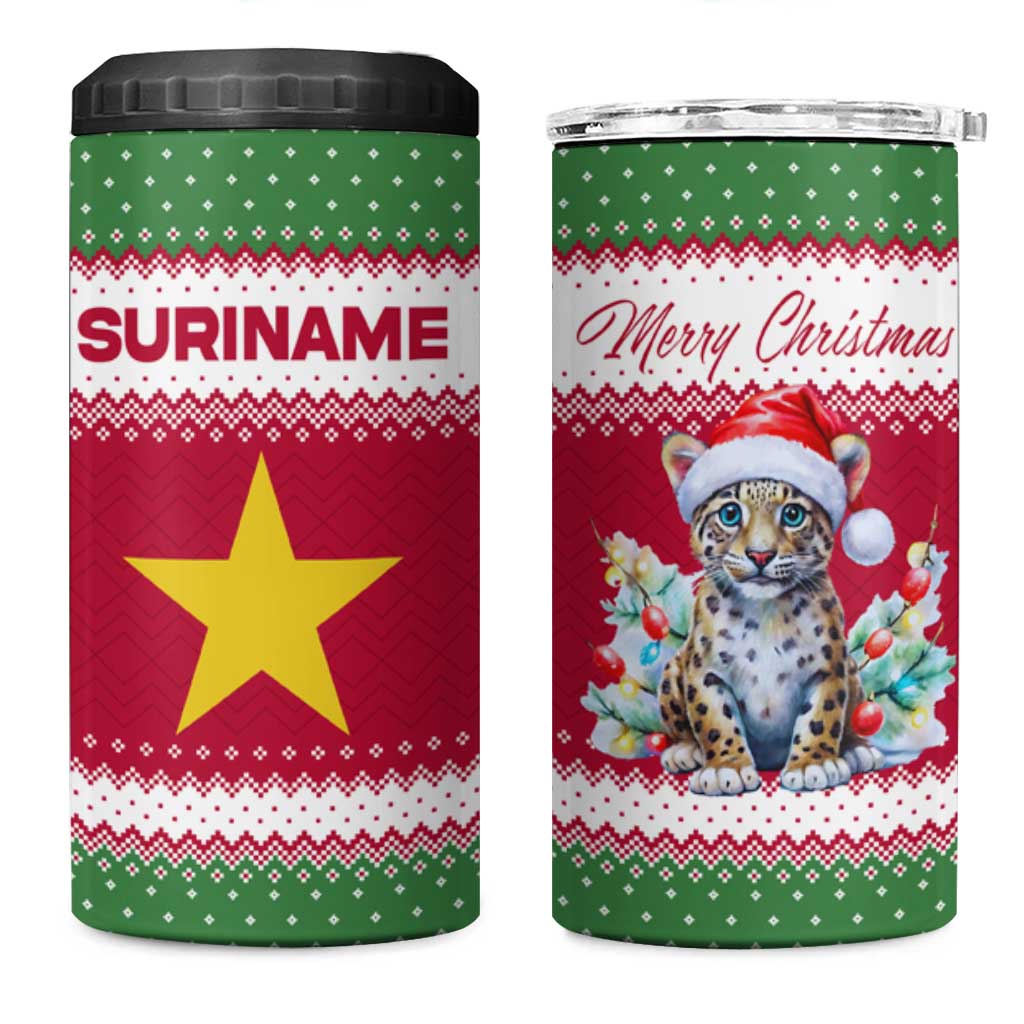 Suriname Christmas 4 in 1 Can Cooler Tumbler with Red-Green Knit Pattern, Yellow Star, and Santa Leopard Motif - Wonder Print Shop