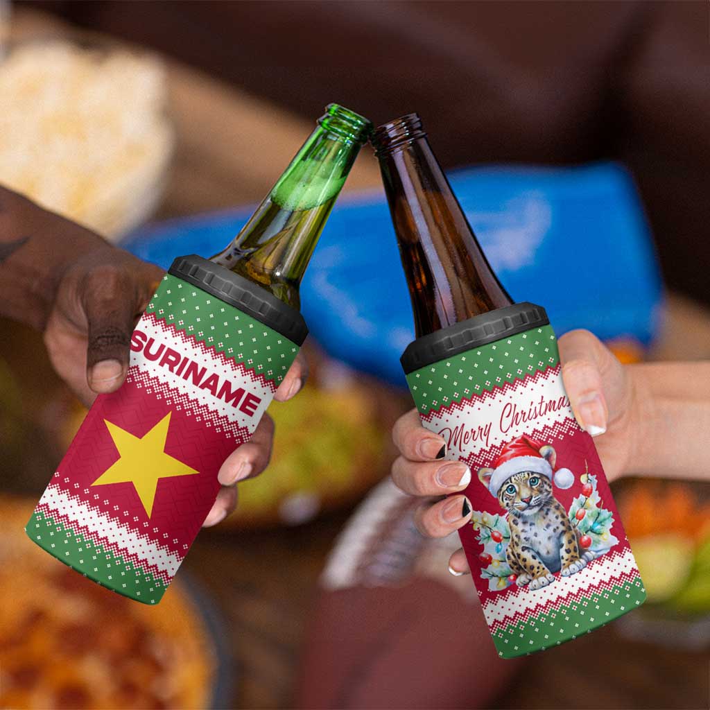Suriname Christmas 4 in 1 Can Cooler Tumbler with Red-Green Knit Pattern, Yellow Star, and Santa Leopard Motif - Wonder Print Shop