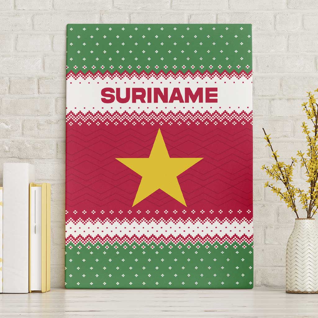Suriname Christmas Canvas Wall Art with Red-Green Knit Pattern, Yellow Star, and Santa Leopard Motif - Wonder Print Shop