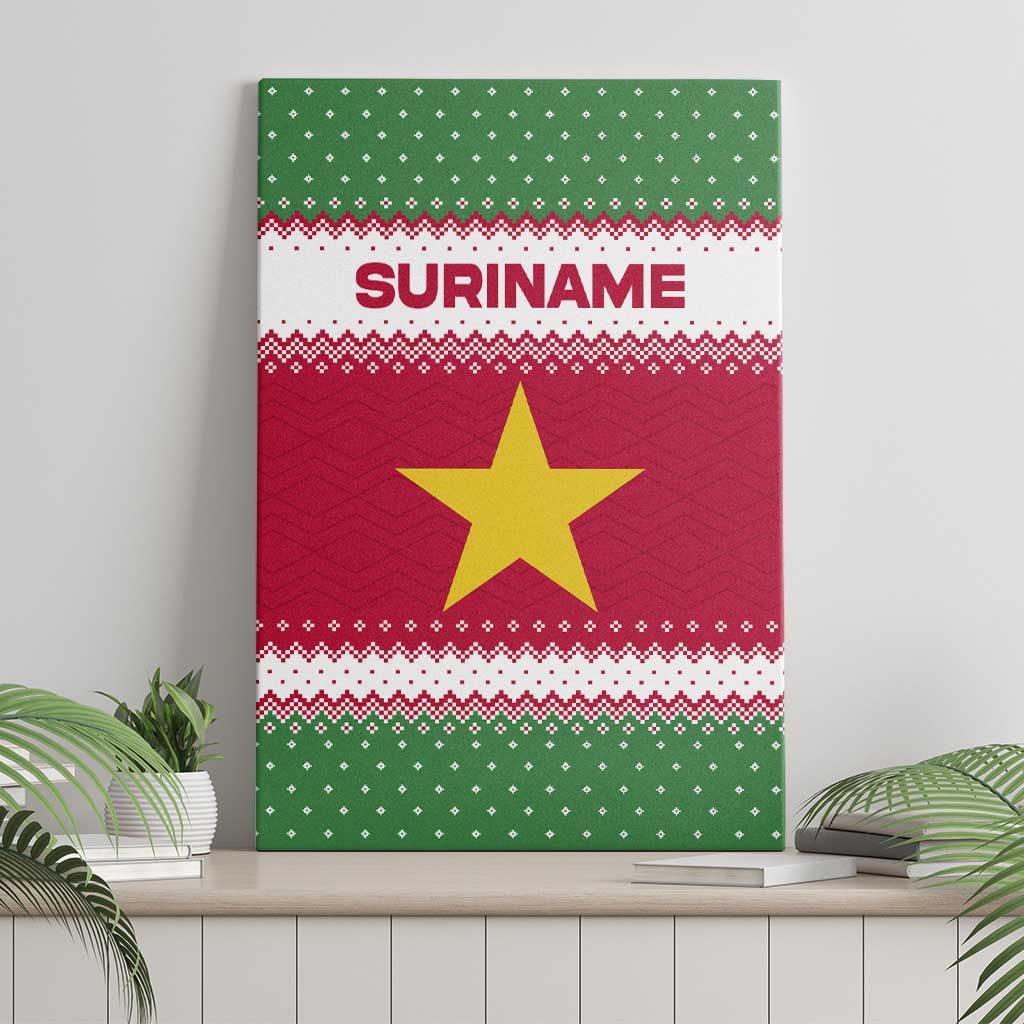 Suriname Christmas Canvas Wall Art with Red-Green Knit Pattern, Yellow Star, and Santa Leopard Motif - Wonder Print Shop