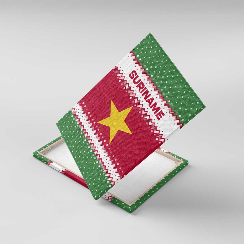Suriname Christmas Canvas Wall Art with Red-Green Knit Pattern, Yellow Star, and Santa Leopard Motif - Wonder Print Shop