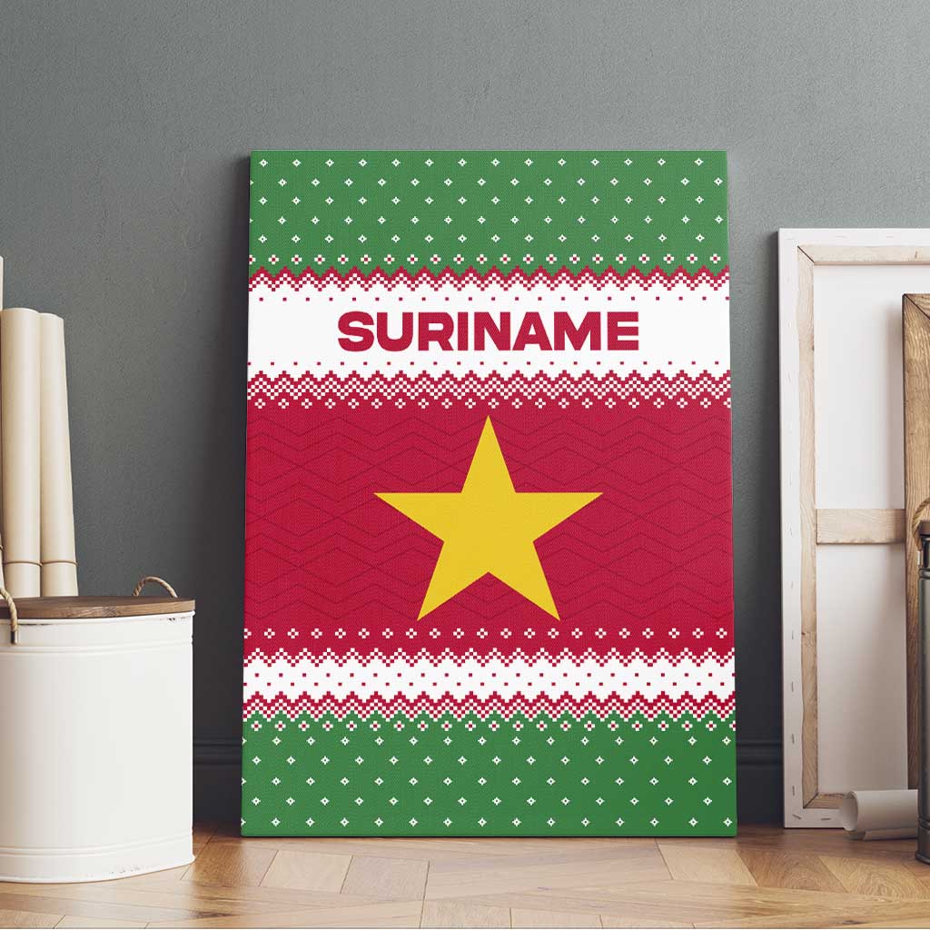 Suriname Christmas Canvas Wall Art with Red-Green Knit Pattern, Yellow Star, and Santa Leopard Motif - Wonder Print Shop