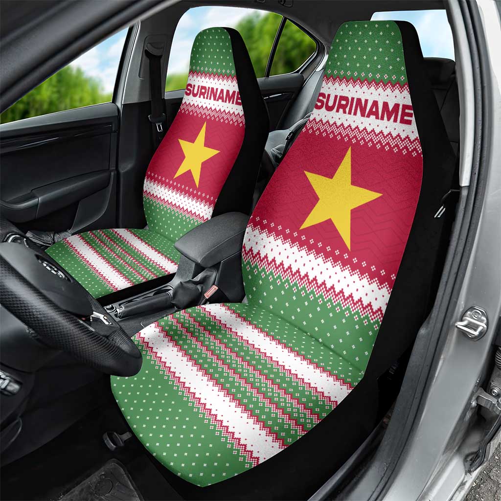 Suriname Christmas Car Seat Cover with Red-Green Knit Pattern, Yellow Star, and Santa Leopard Motif - Wonder Print Shop