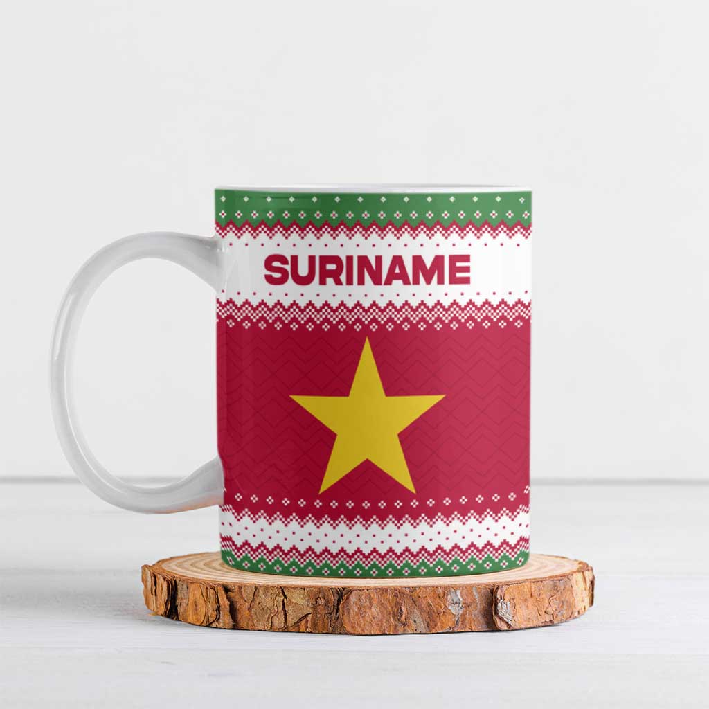 Suriname Christmas Ceramic Mug with Red-Green Knit Pattern, Yellow Star, and Santa Leopard Motif - Wonder Print Shop