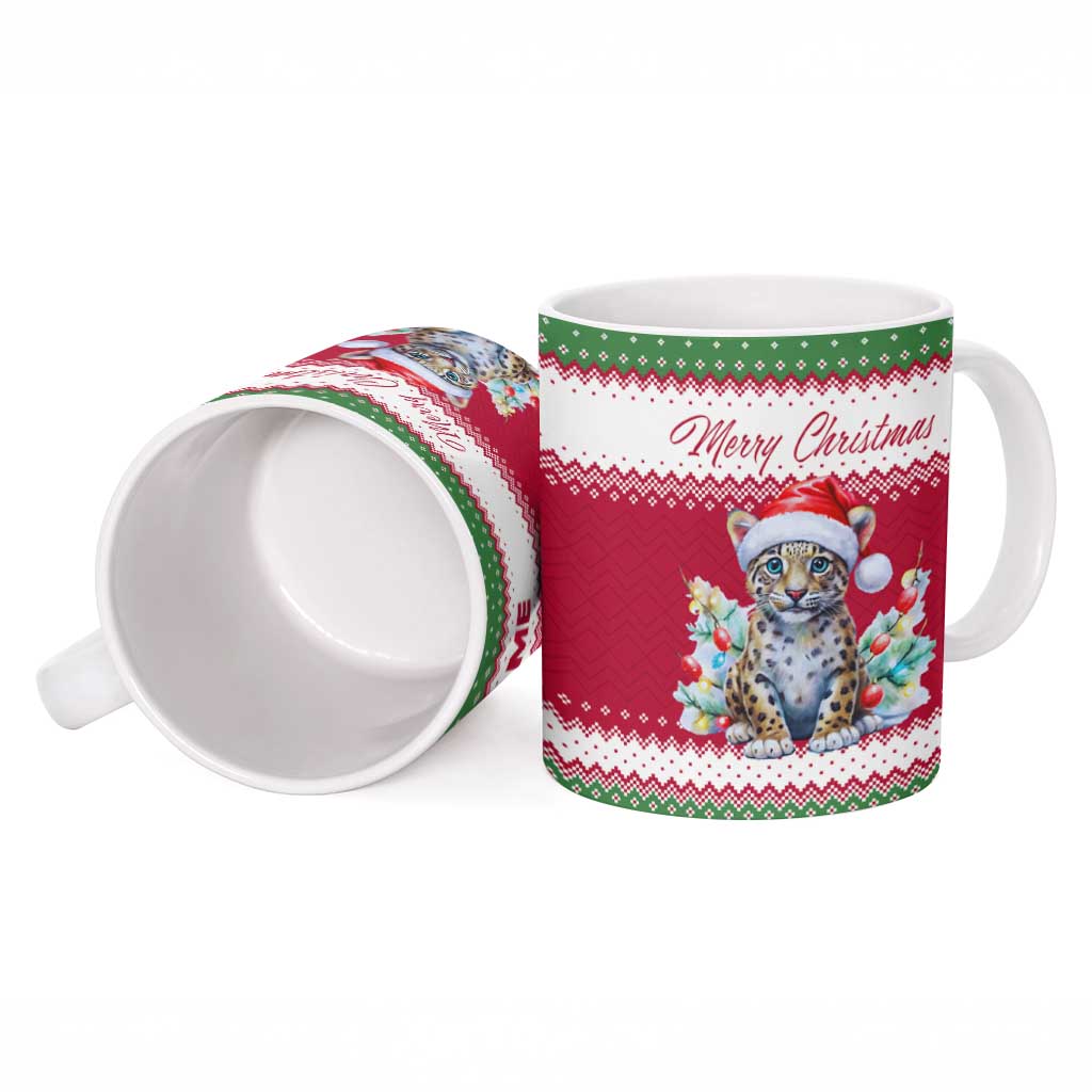 Suriname Christmas Ceramic Mug with Red-Green Knit Pattern, Yellow Star, and Santa Leopard Motif - Wonder Print Shop