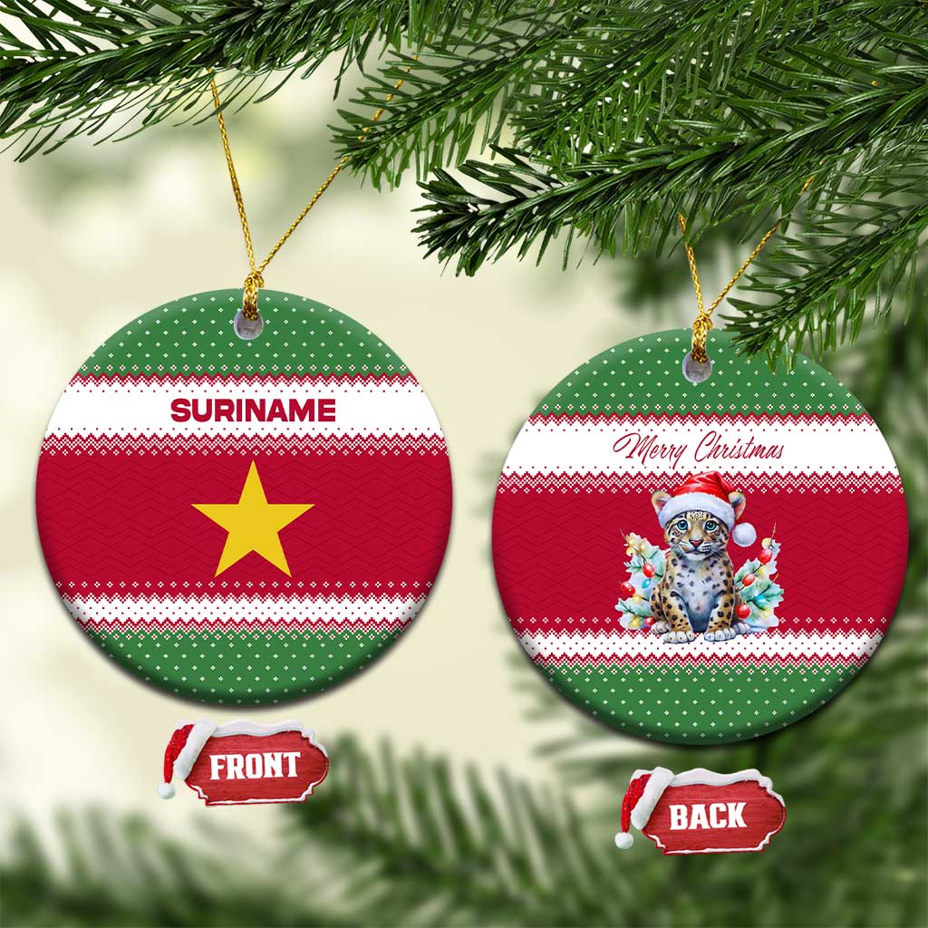 Suriname Christmas Ceramic Ornament with Red-Green Knit Pattern, Yellow Star, and Santa Leopard Motif - Wonder Print Shop