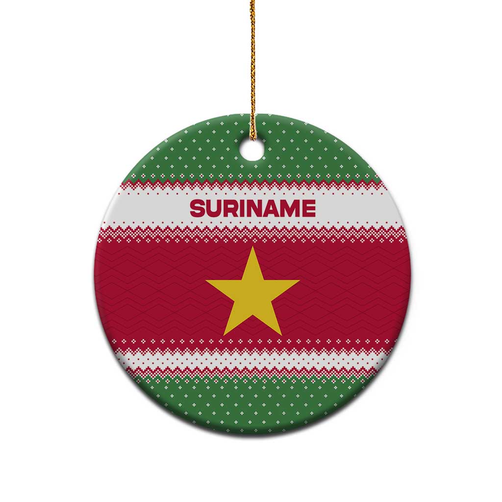 Suriname Christmas Ceramic Ornament with Red-Green Knit Pattern, Yellow Star, and Santa Leopard Motif - Wonder Print Shop