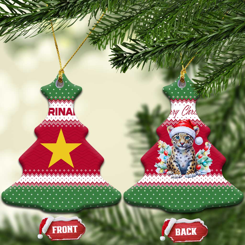 Suriname Christmas Ceramic Ornament with Red-Green Knit Pattern, Yellow Star, and Santa Leopard Motif - Wonder Print Shop