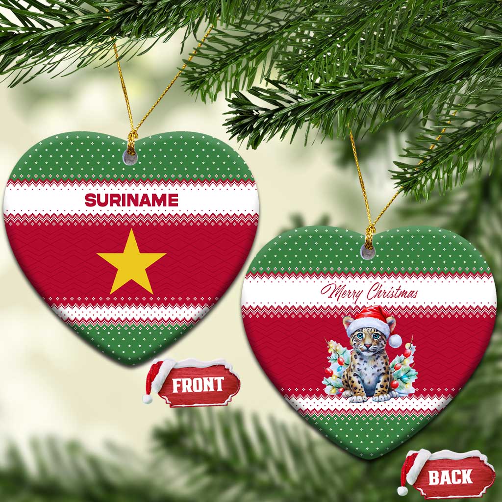 Suriname Christmas Ceramic Ornament with Red-Green Knit Pattern, Yellow Star, and Santa Leopard Motif - Wonder Print Shop