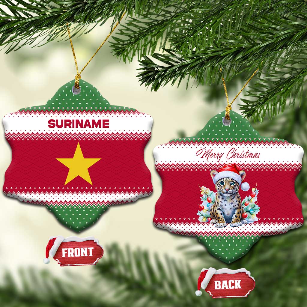 Suriname Christmas Ceramic Ornament with Red-Green Knit Pattern, Yellow Star, and Santa Leopard Motif - Wonder Print Shop