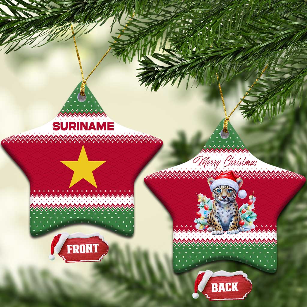 Suriname Christmas Ceramic Ornament with Red-Green Knit Pattern, Yellow Star, and Santa Leopard Motif - Wonder Print Shop