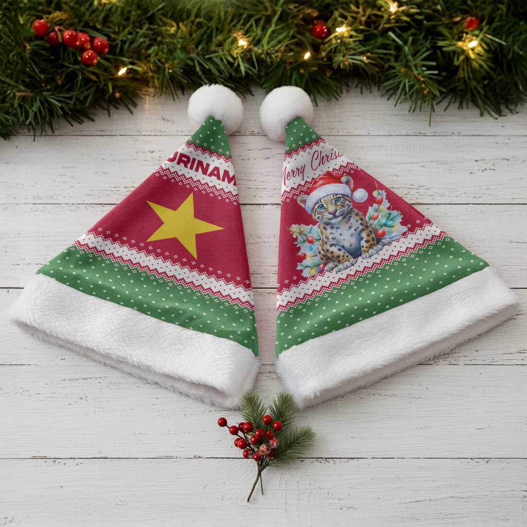 Suriname Christmas Santa Hat with Red-Green Knit Pattern, Yellow Star, and Santa Leopard Motif - Wonder Print Shop