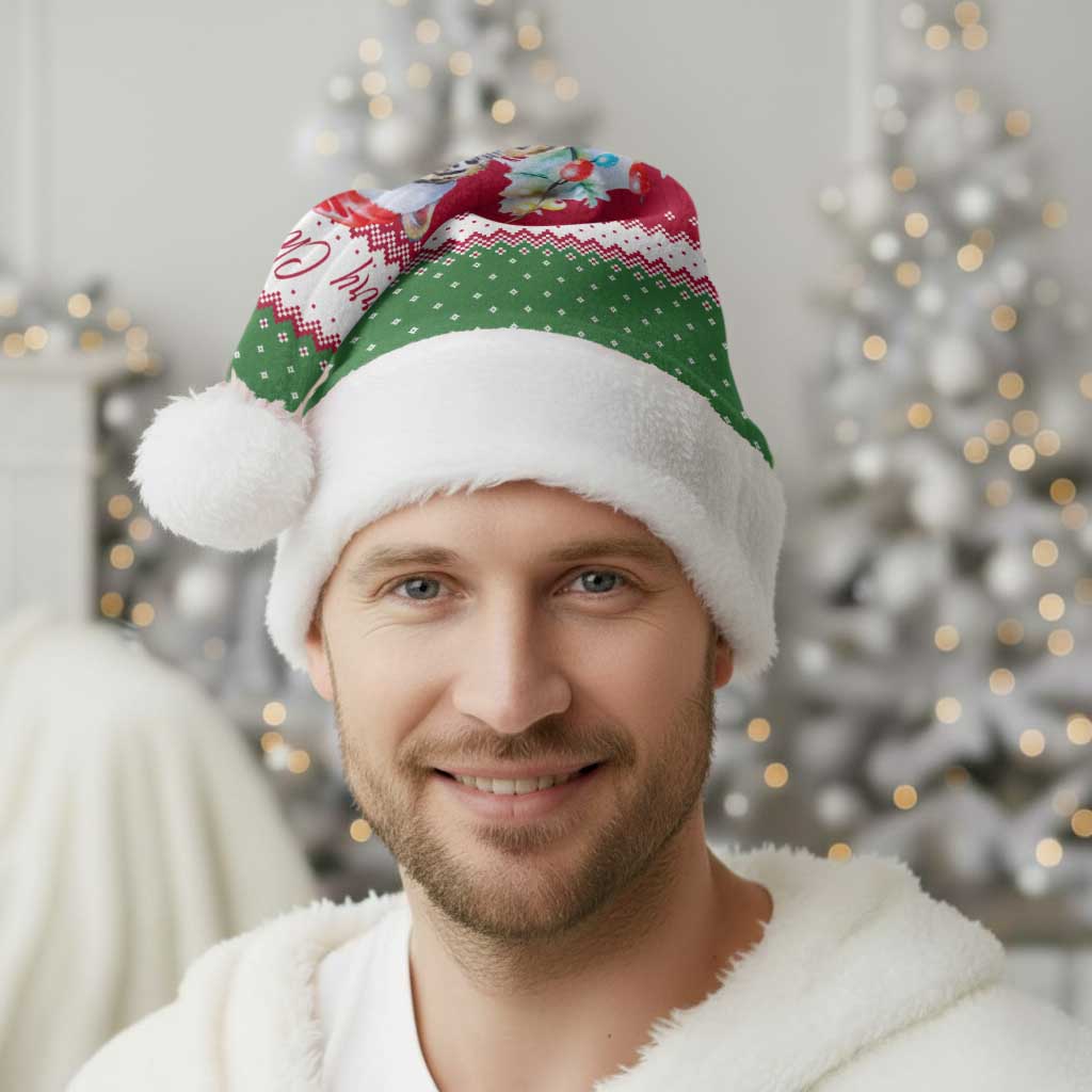 Suriname Christmas Santa Hat with Red-Green Knit Pattern, Yellow Star, and Santa Leopard Motif - Wonder Print Shop