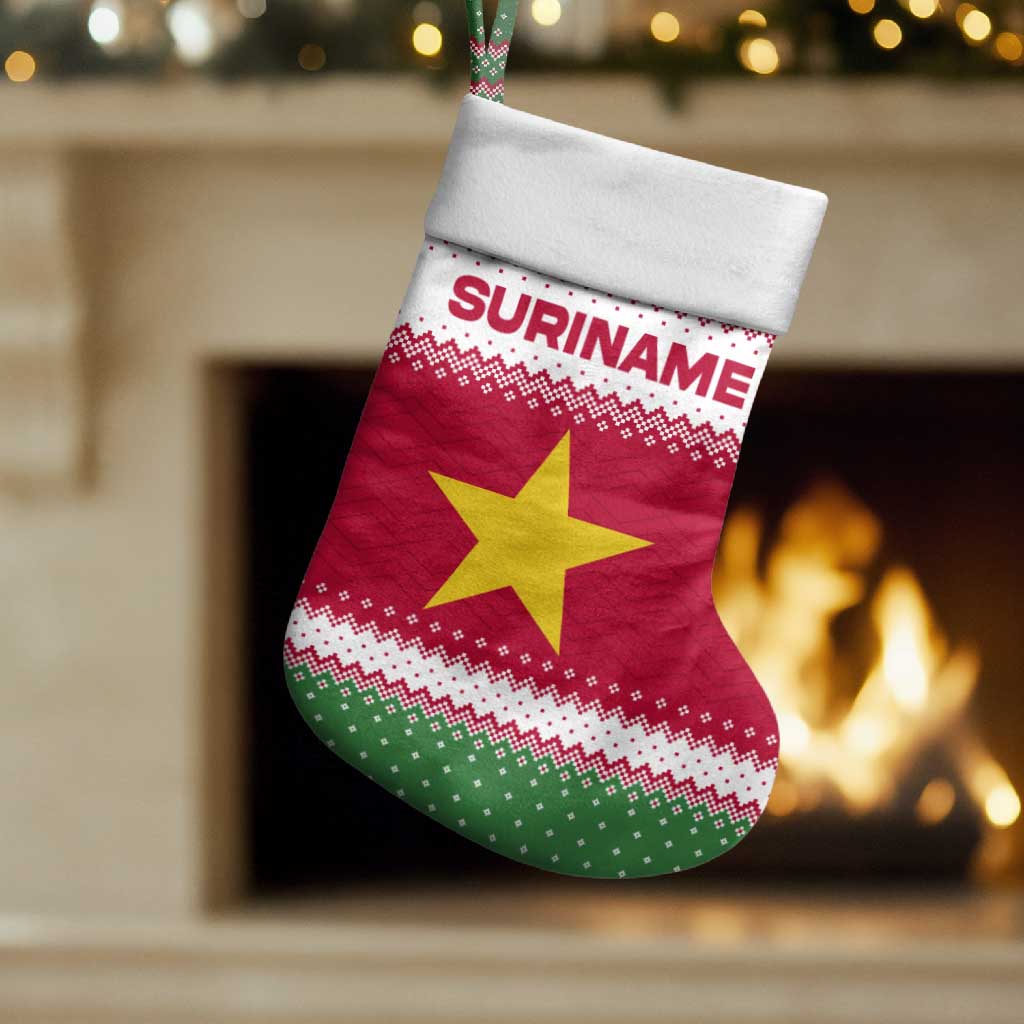 Suriname Christmas Stocking with Red-Green Knit Pattern, Yellow Star, and Santa Leopard Motif - Wonder Print Shop