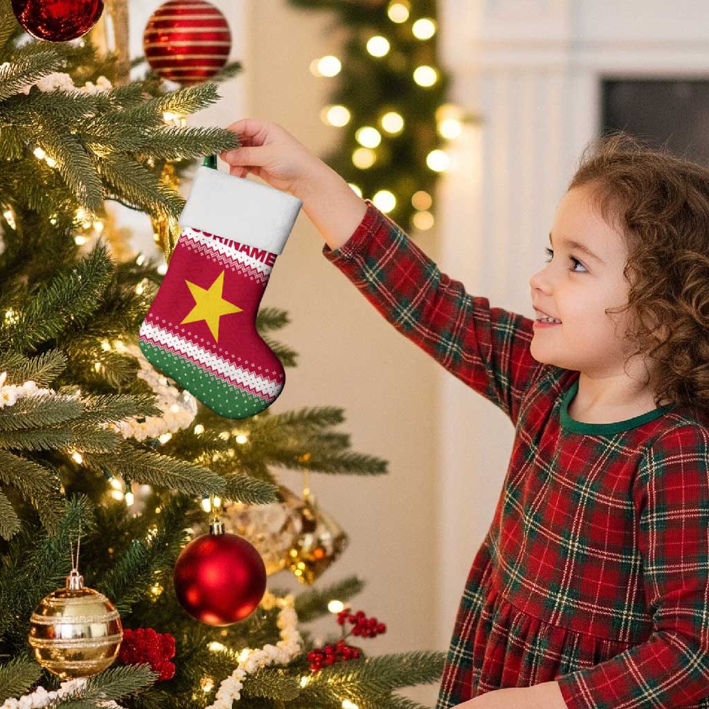 Suriname Christmas Stocking with Red-Green Knit Pattern, Yellow Star, and Santa Leopard Motif - Wonder Print Shop