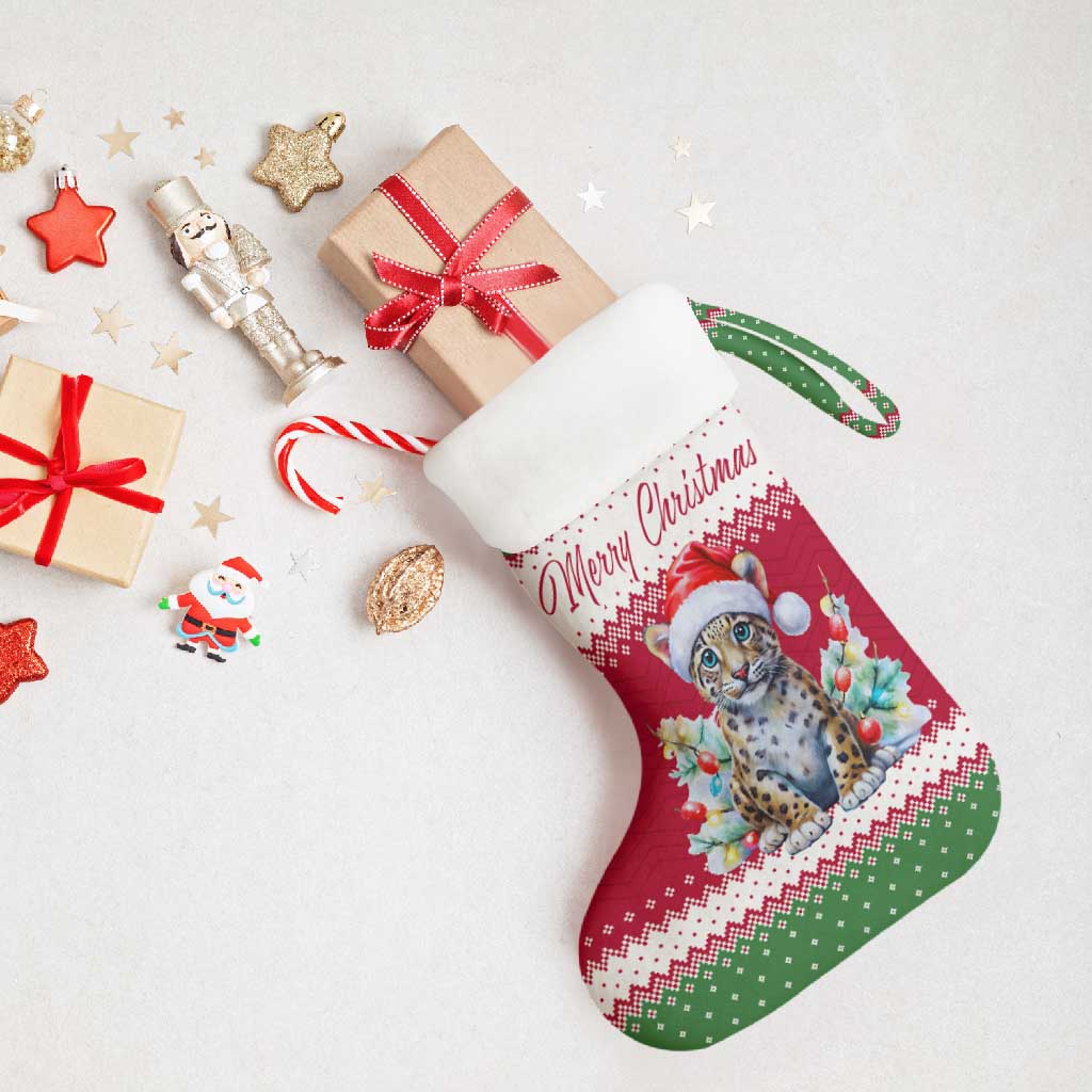 Suriname Christmas Stocking with Red-Green Knit Pattern, Yellow Star, and Santa Leopard Motif - Wonder Print Shop