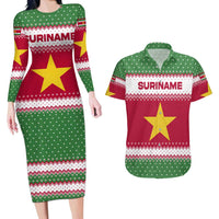 Suriname Christmas Couples Matching Long Sleeve Bodycon Dress and Hawaiian Shirt with Red-Green Knit Pattern, Yellow Star, and Santa Leopard Motif - Wonder Print Shop